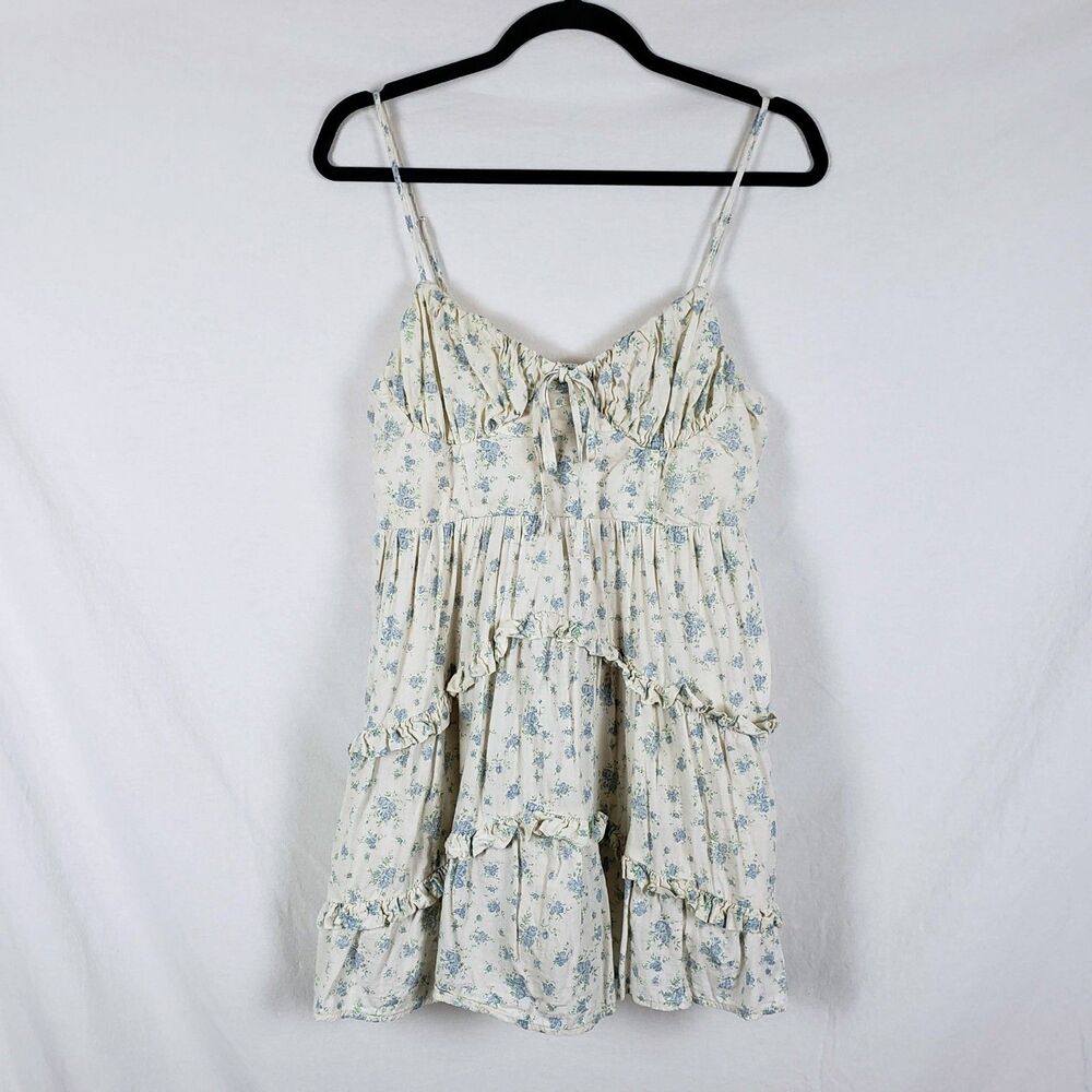 STORIA Cottagecore Romantic Floral Tiered Babydoll Dress Womens L Ivory